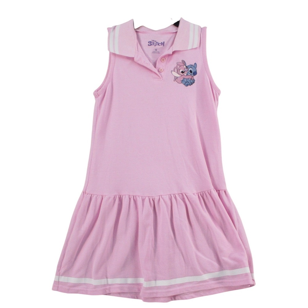 Disney Stitch and Angel Pink Sleeveless Polo Dress Girls Size 12 Ruffle Hem
